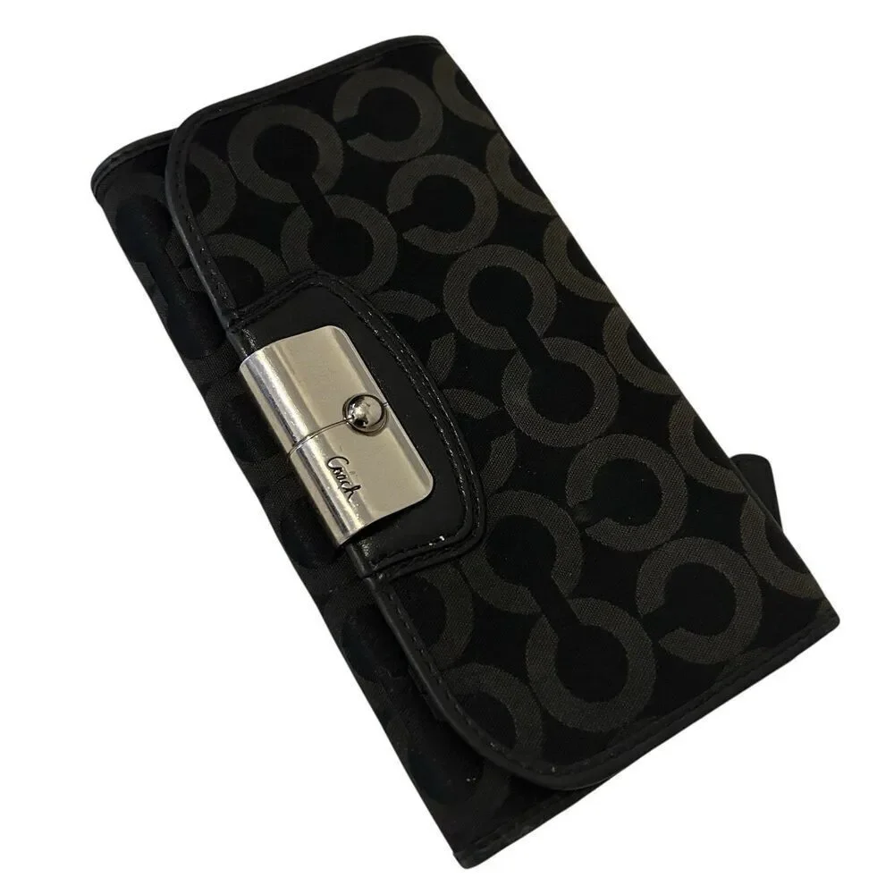 Coach Black Signature C Canvas Wallet w/ Snap Closure & Leather Trim Classic